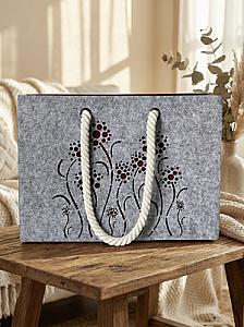 Шопер з фетру двошаровий, колекція «Квіти» — міцні м’які ручки, M/L, з кишенями і блискавкою