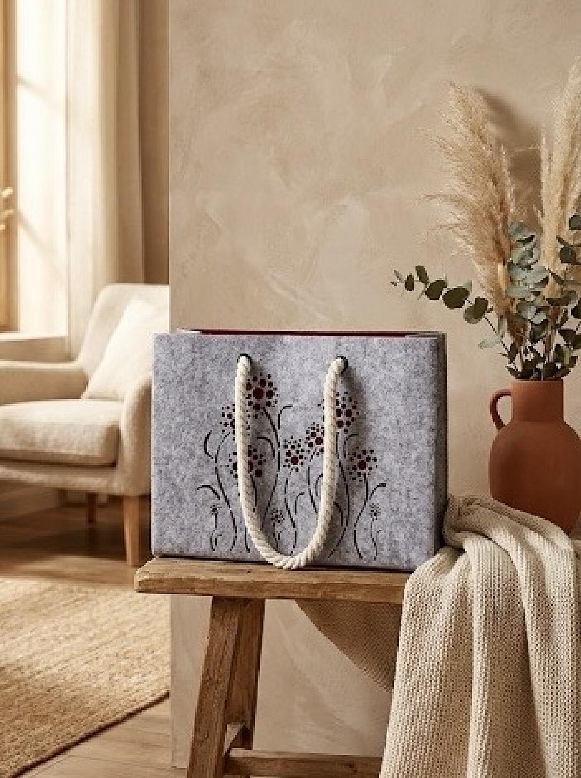 Шопер з фетру двошаровий, колекція «Квіти» — міцні м’які ручки, M/L, з кишенями і блискавкою