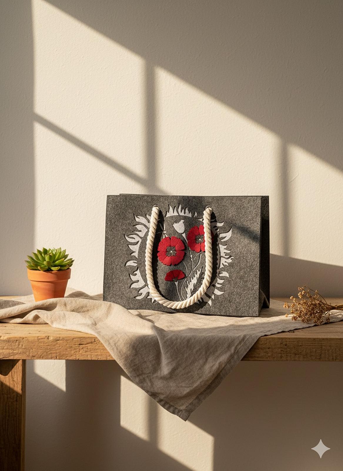 Шопер з фетру двошаровий, колекція «Маки» — міцні м’які ручки, M/L, з кишенями і блискавкою