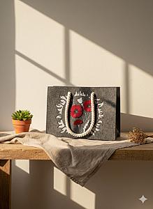 Шопер з фетру двошаровий, колекція «Маки» — міцні м’які ручки, M/L, з кишенями і блискавкою