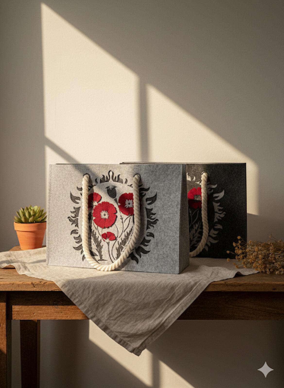 Шопер з фетру двошаровий, колекція «Маки» — міцні м’які ручки, M/L, з кишенями і блискавкою