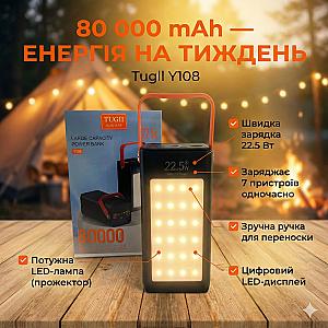 Портативний павербанк Tugii Y108 80000 мА·ч з LED-ліхтариком та дисплеєм (22,5W, 7 портів) – надійне джерело енергії для дому та подорожей