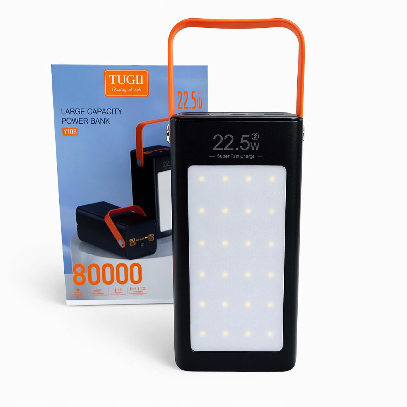 Портативний павербанк Tugii Y108 80000 мА·ч з LED-ліхтариком та дисплеєм (22,5W, 7 портів) – надійне джерело енергії для дому та подорожей