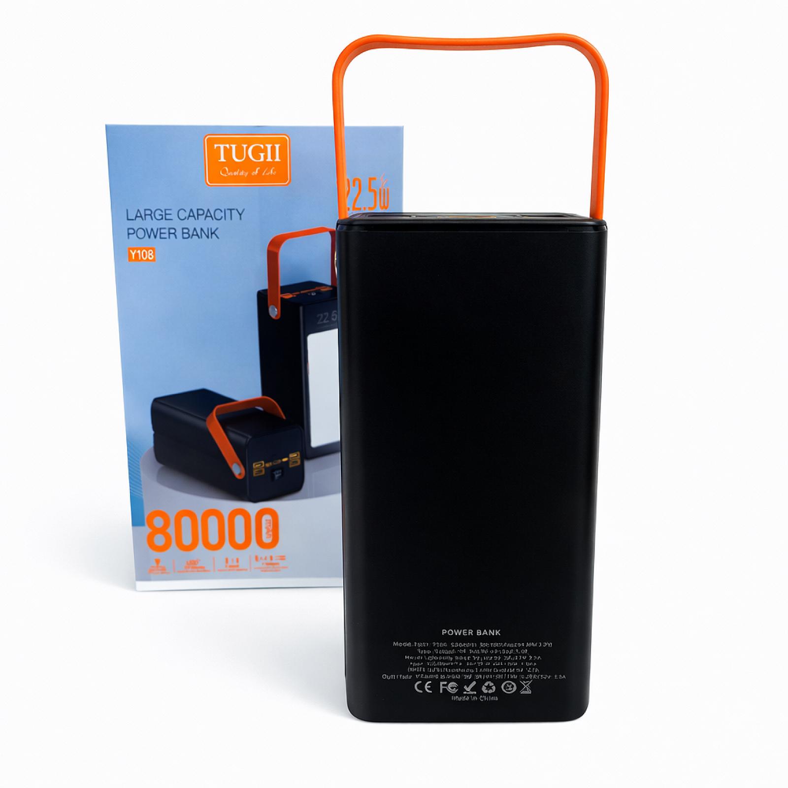 Портативний павербанк Tugii Y108 80000 мА·ч з LED-ліхтариком та дисплеєм (22,5W, 7 портів) – надійне джерело енергії для дому та подорожей