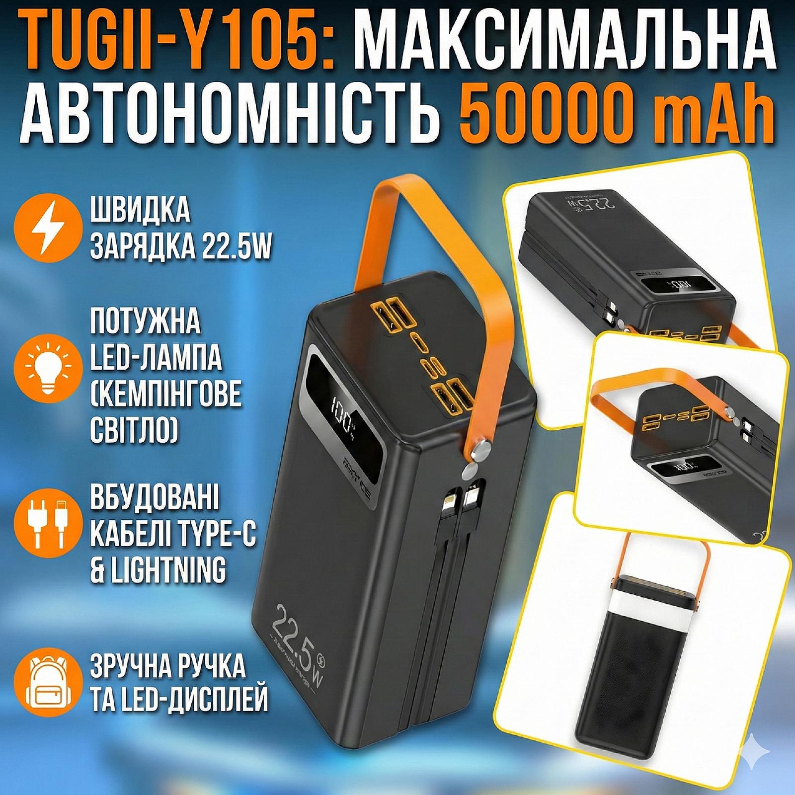Портативний павербанк Tugii Y105 50000 мА·ч з LED-ліхтариком та дисплеєм (22,5W, 7 портів)
