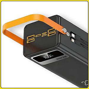 Павербанк 30000мАч з ліхтариком, дисплеєм та вбудованими кабелями