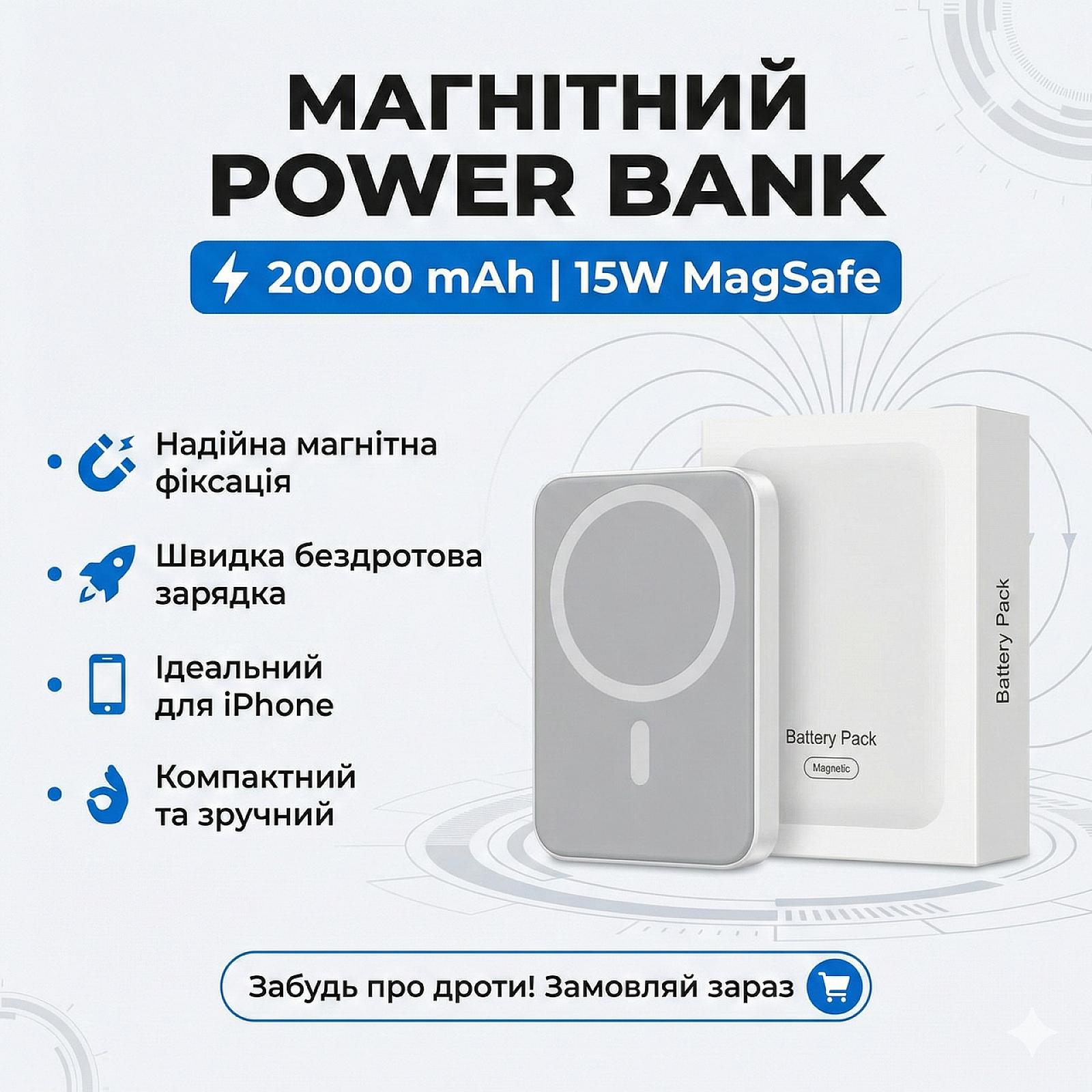 Магнітний павербанк Magnetic  20000 mAh з бездротовою зарядкою  (MagSafe сумісний)