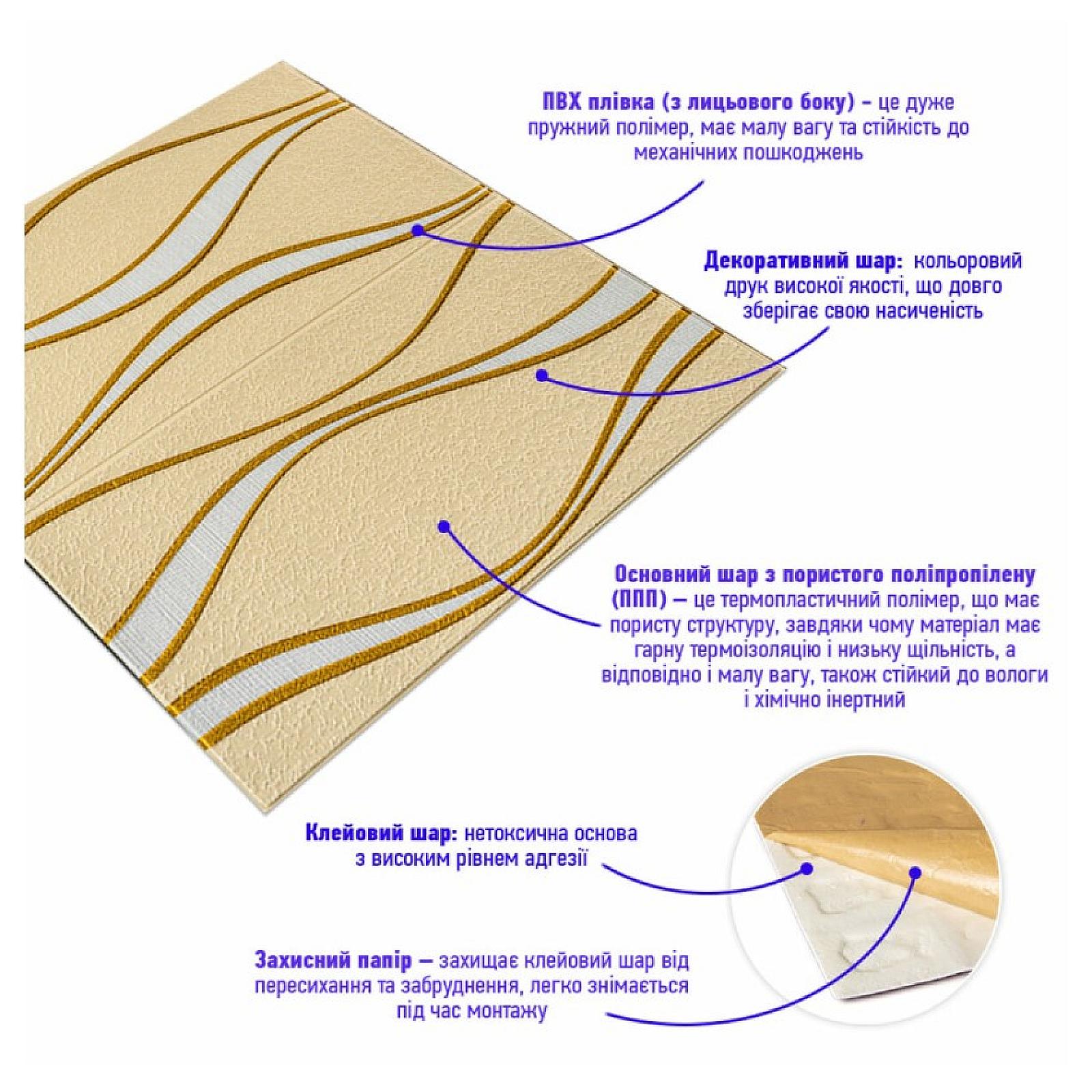 Самоклеюча 3D панель 700x700x5мм золоті хвилі