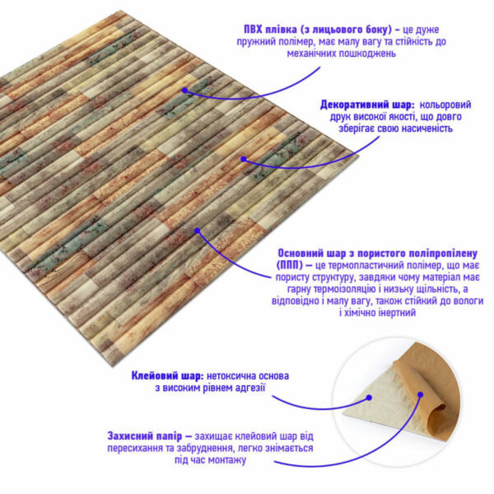 Самоклеюча декоративна 3D панель 700x700x8.5мм мікс бамбук кольоровий (073)