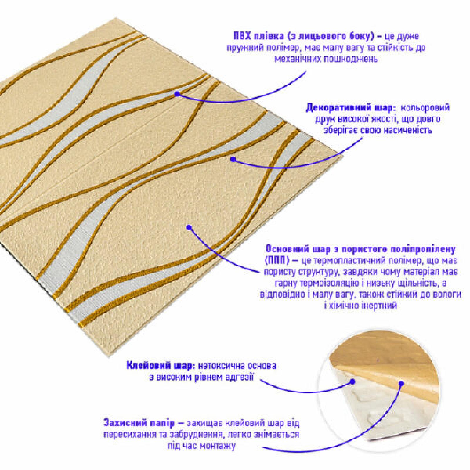 Самоклеюча 3D панель 700x700x5мм Золоті хвилі (194)