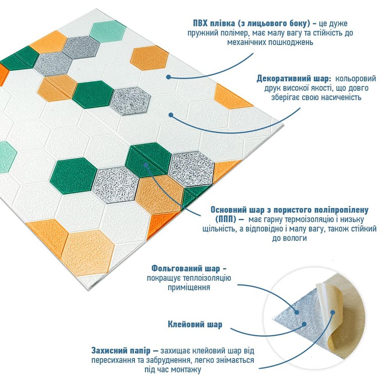 Панель стінова 3D 700х700х4мм Мозаїка зелено-жовта