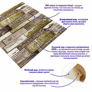 Самоклеюча декоративна 3D панель 700x700x4мм Зелено-коричневе дерево (378)