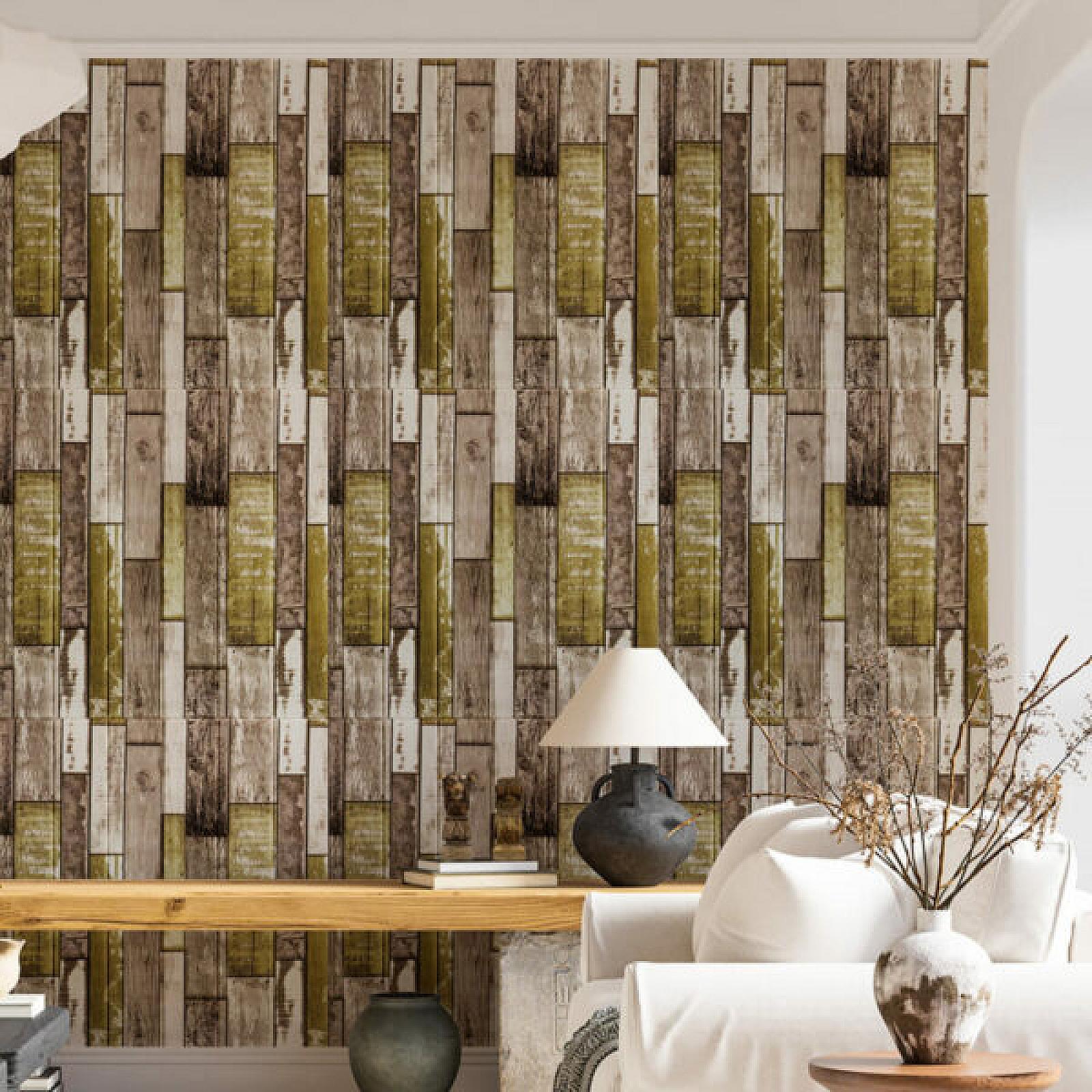 Самоклеюча декоративна 3D панель 700x700x4мм Зелено-коричневе дерево (378)