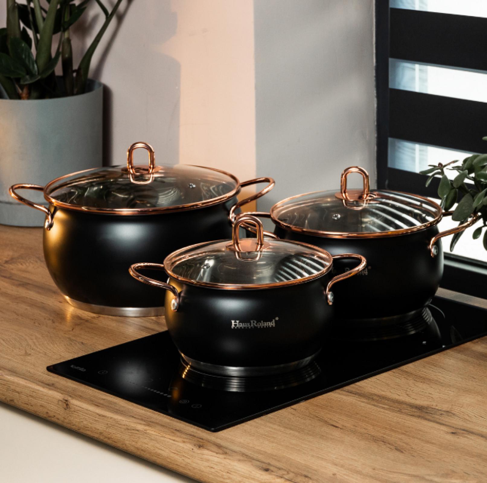 Набір каструль Haus Roland із нержавіючої сталі 6,1/2,6/3,6 л, чорний