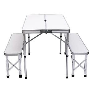 Стіл складаний і дві лавки для кемпінгу 90*60*39.5/70 см, білий