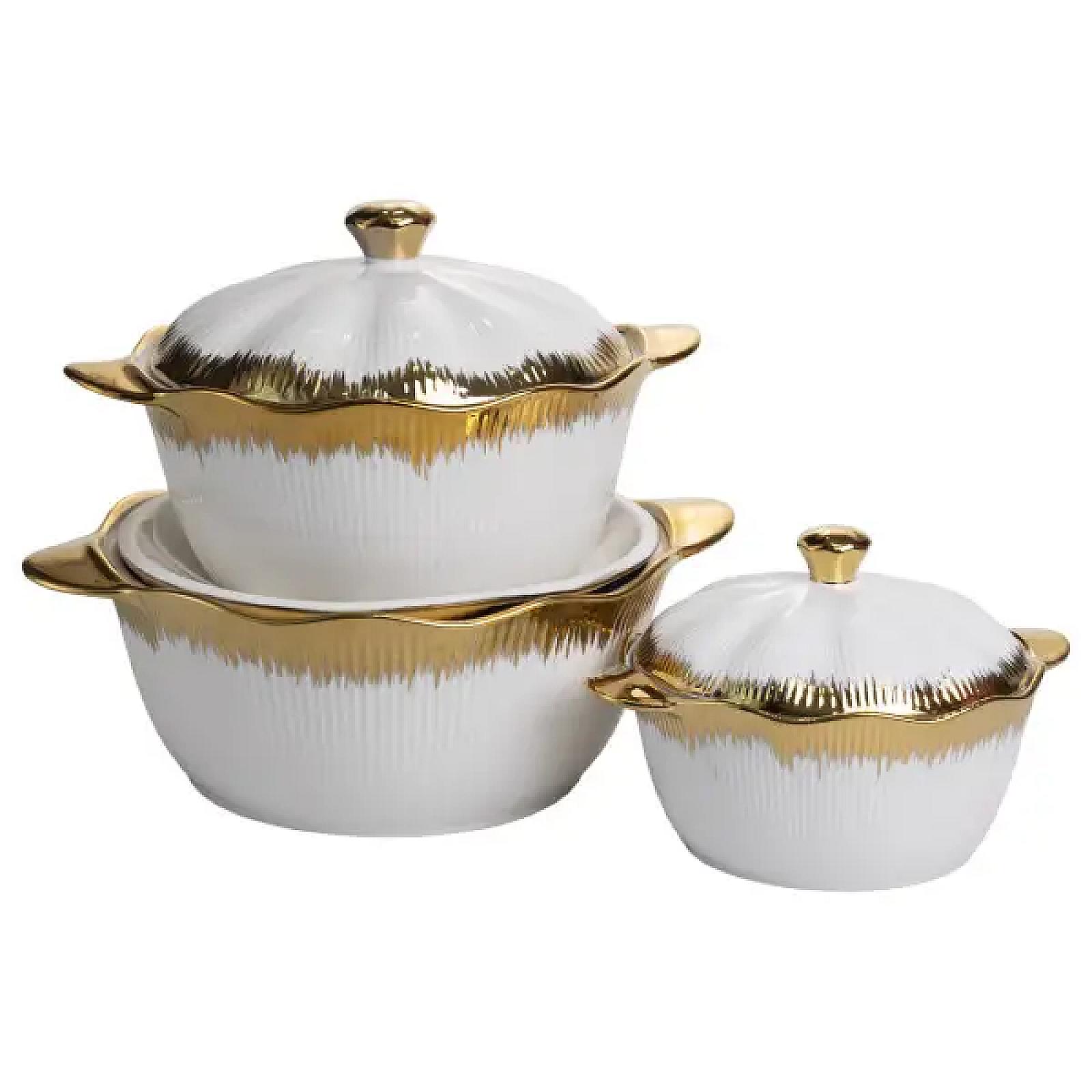 Набір порцелянових каструль для супу 3 штуки 0.8 л/1.8 л/2.5 л з золотою облямівкою
