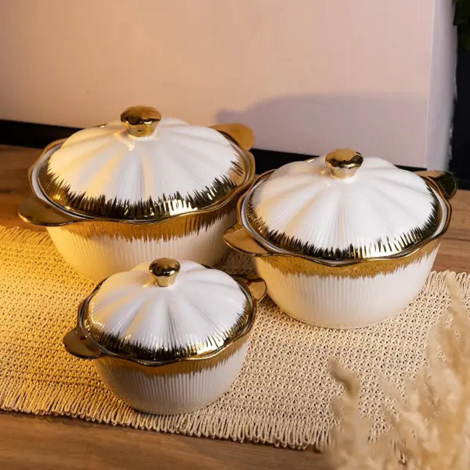 Набір порцелянових каструль для супу 3 штуки 0.8 л/1.8 л/2.5 л з золотою облямівкою