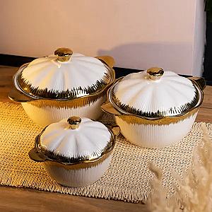 Набір порцелянових каструль для супу 3 штуки 0.8 л/1.8 л/2.5 л з золотою облямівкою