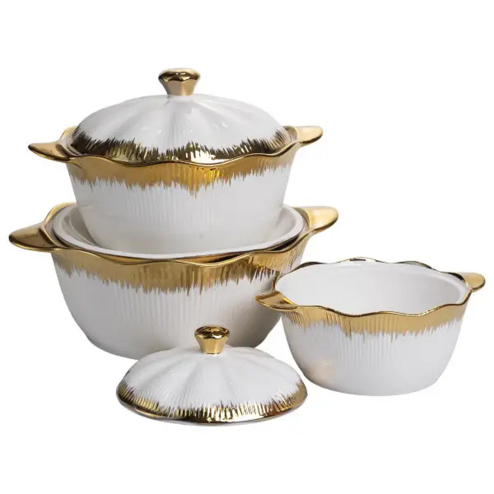 Набір порцелянових каструль для супу 3 штуки 0.8 л/1.8 л/2.5 л з золотою облямівкою