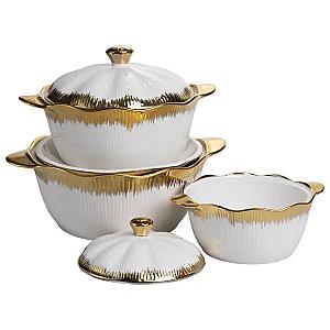 Набір порцелянових каструль для супу 3 штуки 0.8 л/1.8 л/2.5 л з золотою облямівкою