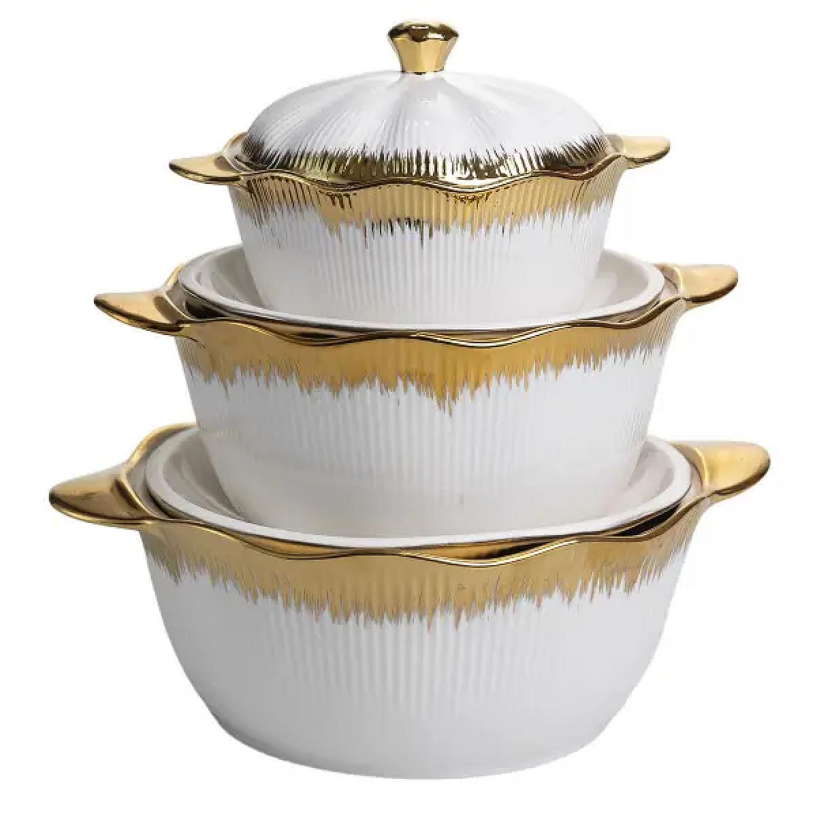 Набір порцелянових каструль для супу 3 штуки 0.8 л/1.8 л/2.5 л з золотою облямівкою