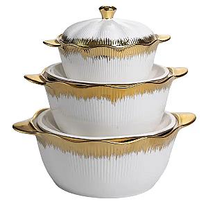 Набір порцелянових каструль для супу 3 штуки 0.8 л/1.8 л/2.5 л з золотою облямівкою
