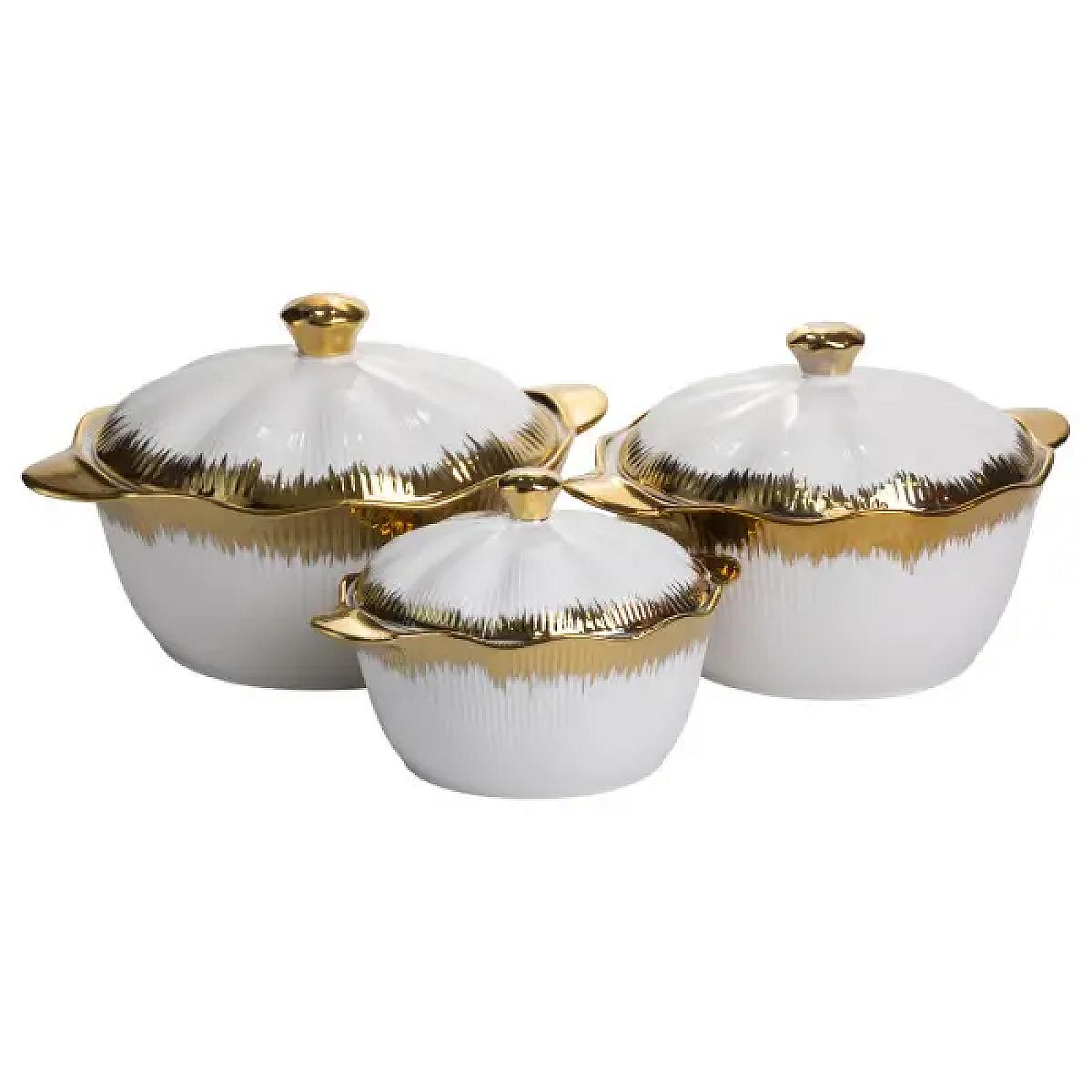 Набір порцелянових каструль для супу 3 штуки 0.8 л/1.8 л/2.5 л з золотою облямівкою