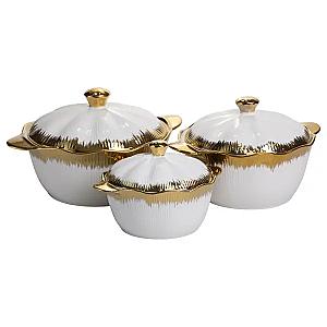 Набір порцелянових каструль для супу 3 штуки 0.8 л/1.8 л/2.5 л з золотою облямівкою