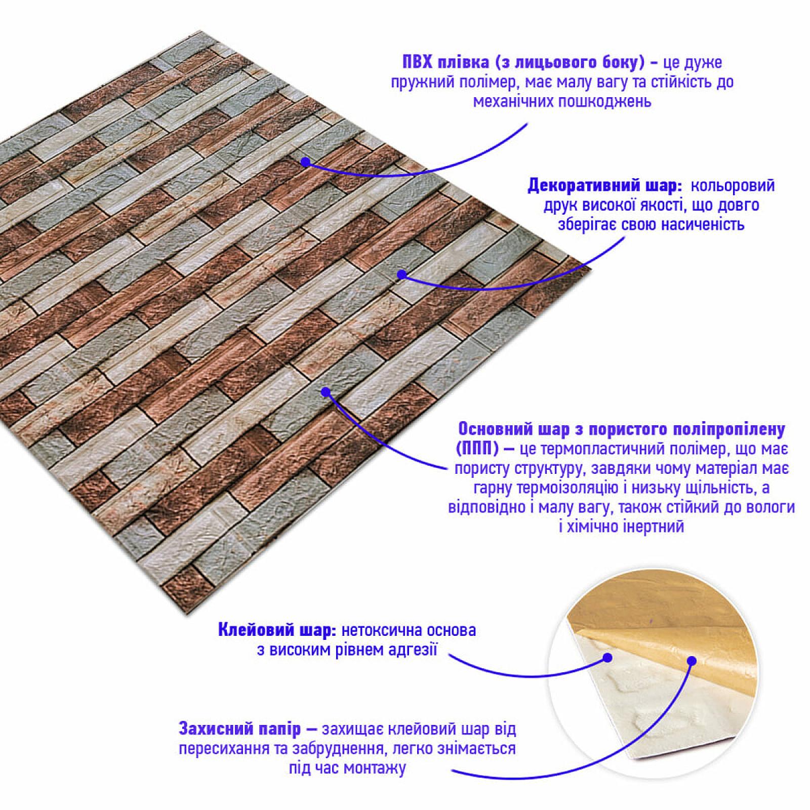 Декоративна 3D панель 700х770х3мм Коричнева цегла піщаник (340)