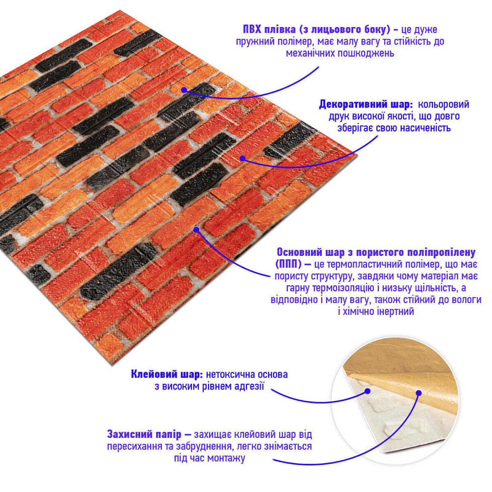 Самоклеюча декоративна 3D панель 700х770х5мм Бежево-коричнева Катеринославська матова цегла (047M)