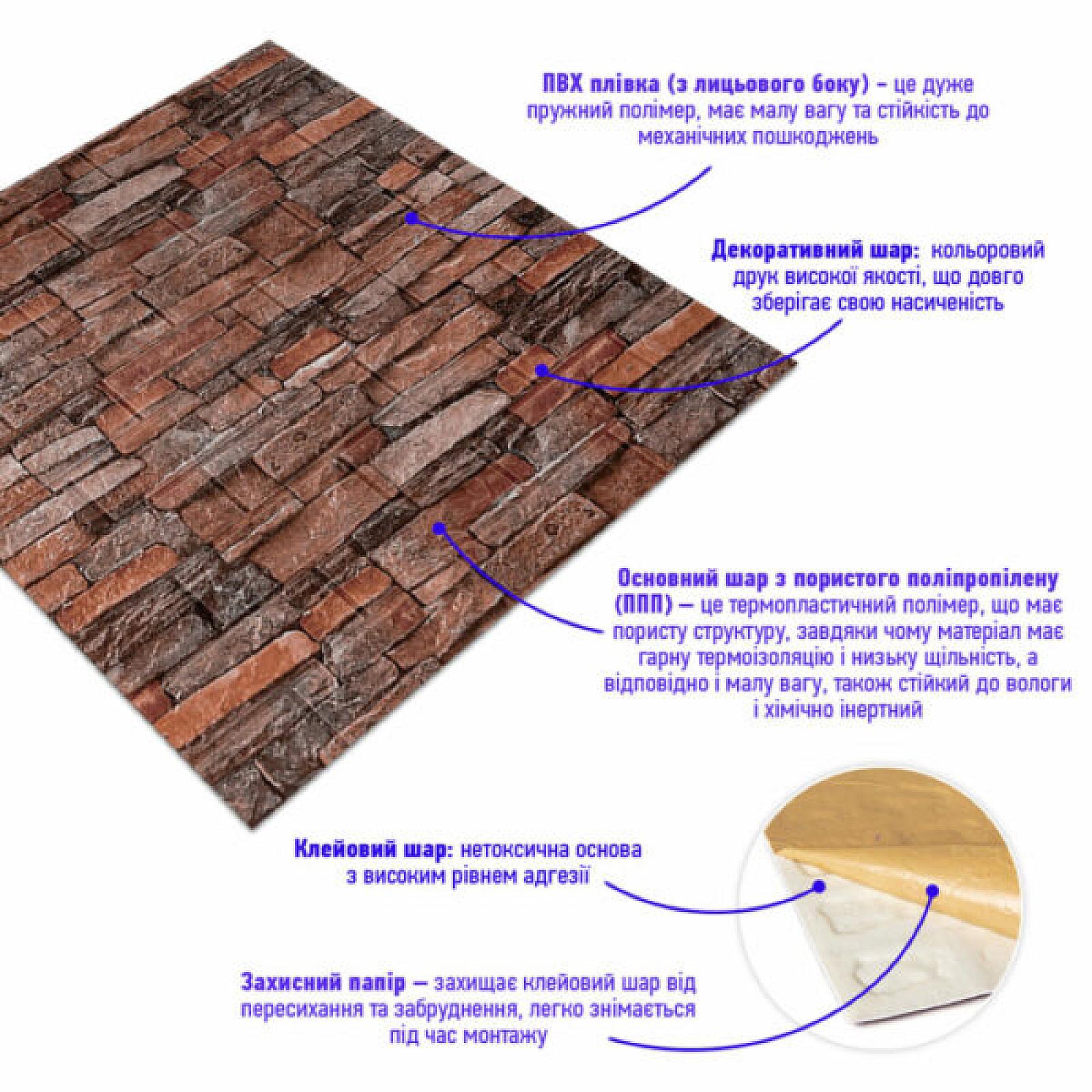 Самоклеюча декоративна 3D панель 700х770х5мм Червона цегла піщаник (058)