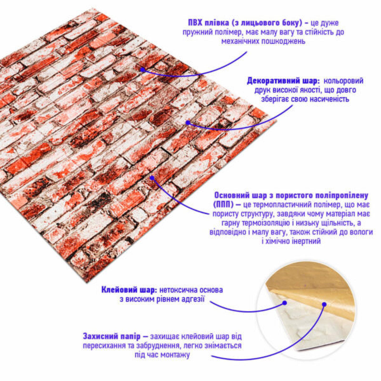 Декоративна 3D панель 700х770х4мм Червоно-біла цегла (341)
