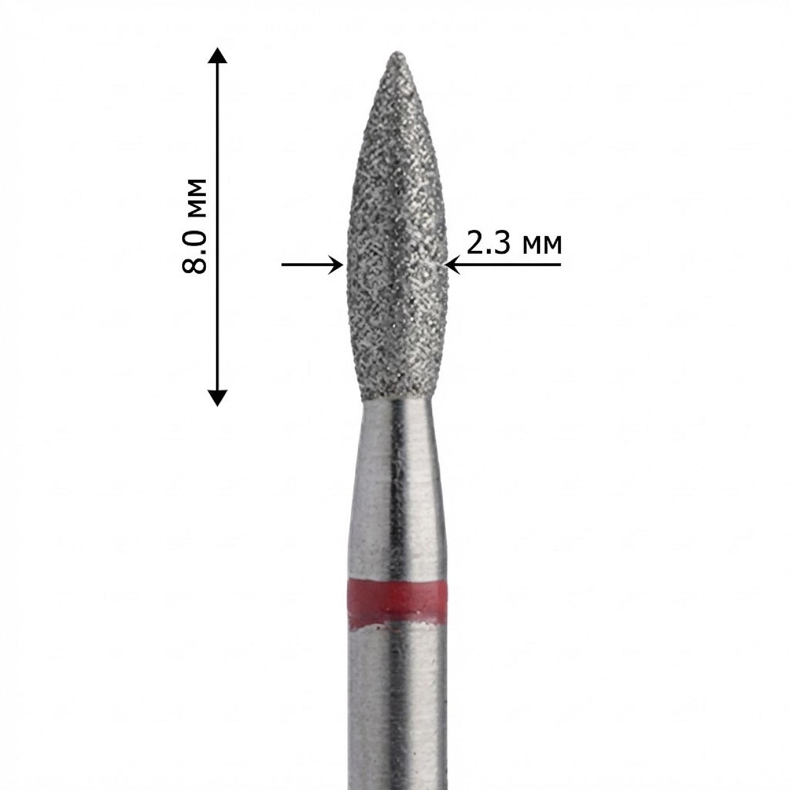Фреза насадка алмазна для манікюру полум'я 2,3 мм рабоча частина 8,00 мм червоне кільце