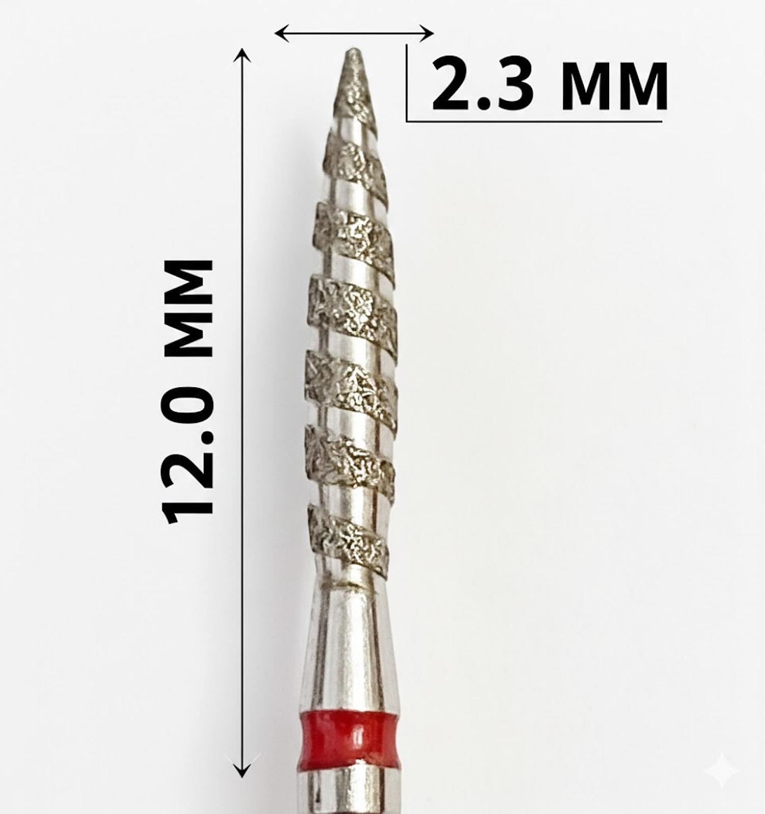 Фреза насадка алмазна для манікюру полум'я ТОРНАДО 2,3 мм рабоча частина 12,00 мм червоне кільце