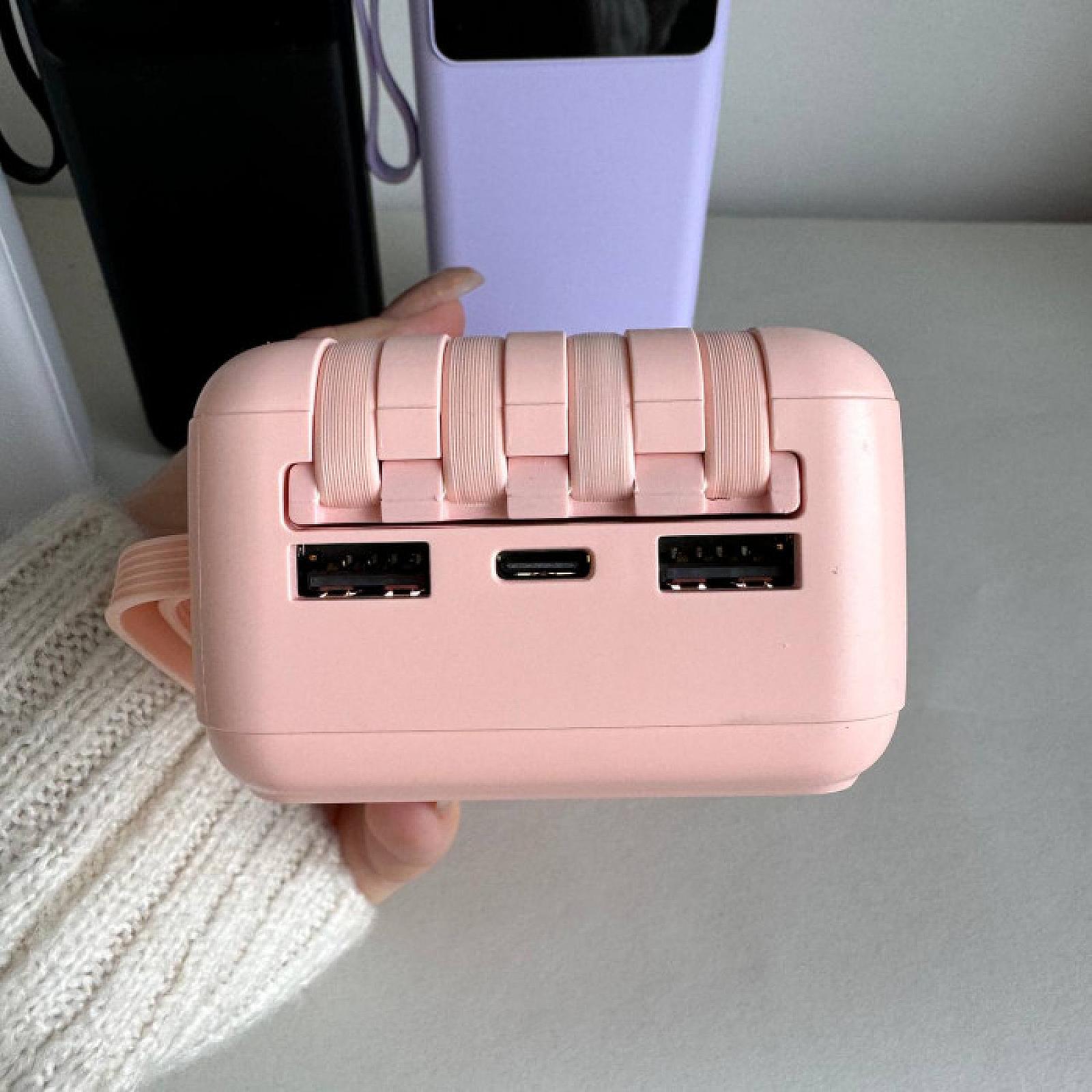 Power Bank Intelligent Fast з кабелем USB+Micro+Type-C+Lightning (30000mAh) Рожевий
